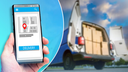 Delivery apps in hand of man. Application interface with Delivery button. Calling courier via mobile website. Blurred delivery van with boxes. Courier tracking application in smartphone