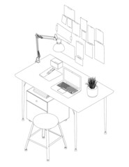 The outline of the workplace with a laptop, a lamp and a pot of flowers. Isometric view. Vector illustration