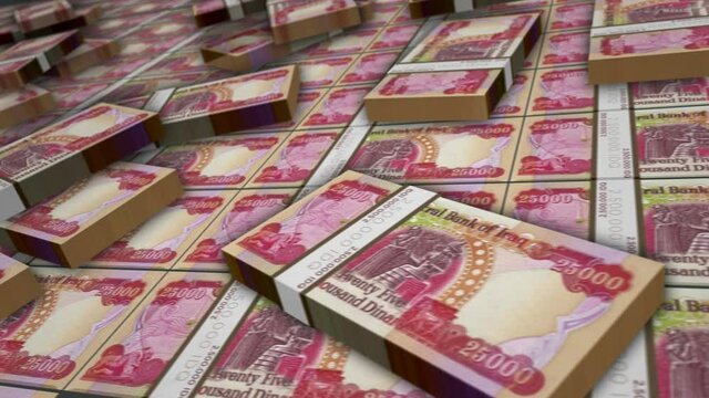 Iraq Dinar banknote bundle loop. IQD money stacks. Concept of business, economy, banking and finance. Camera over cash packs. Loopable seamless 3d animation.