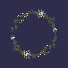 Beautiful, botanical Christmas wreath made of winter plants, branches and flowers vector decoration
