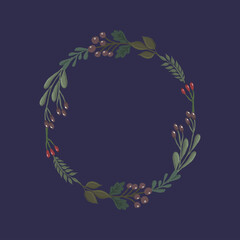 Beautiful, botanical Christmas wreath made of winter plants, branches and flowers vector decoration