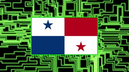Panama Flag lights up on circuit board as power reaches on a black background texture neon - Powered by Adobe
