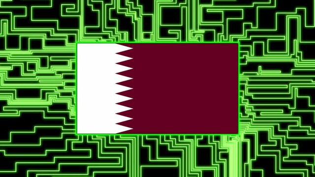 Qatar Flag lights up on circuit board as power reaches on a black background texture neon