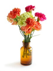 Fototapeta premium posy of multicolor carnations in brown glass vase isolated