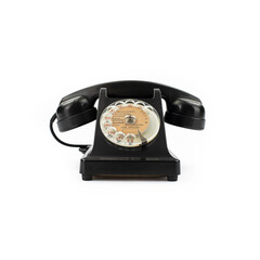Vintage black bakelite telephone on white background