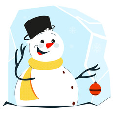 A cheerful snowman with a Christmas tree toy. A ball for the Christmas tree. Vector graphics