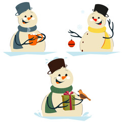 A set of three snowmen. With a gift, with a mug and with a Christmas tree toy. Isolated on a white background, flat style. Vector graphics