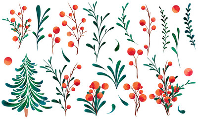Set of hand-drawn watercolor illustrations of stylized leaves and berries. Perfect for Christmas and New Year decor, for wreaths, arrangements, postcards, wedding invitations, birthday.