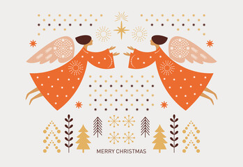 Christmas card. Flying Christmas angels