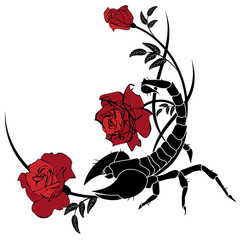 vector frame with roses  and scorpion in black, red and white colors - obrazy, fototapety, plakaty