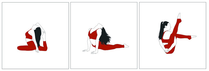 Beauty control silhouette of woman doing yoga. Different asanas. Set of cards for posters, printable art, decor for interior yoga studio. Hand drawn flat female character. Healthy body. Meditation. 