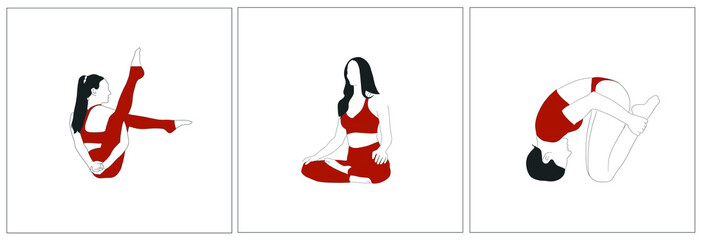 Beauty control silhouette of woman doing yoga. Different asanas. Set of cards for posters, printable art, decor for interior yoga studio. Hand drawn flat female character. Healthy body. Meditation. 