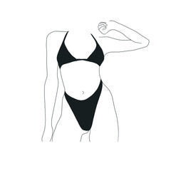 Linear Minimalistic Female Figure In Underwear. Vector Hand Drawn Illustration Of The Beautiful Woman Body In Swimsuit. Design Idea For Promotion, Card, Poster, Logo. 
