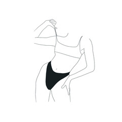 Linear Minimalistic Female Figure In Underwear. Vector Hand Drawn Illustration Of The Beautiful Woman Body In Swimsuit. Design Idea For Promotion, Card, Poster, Logo. 
