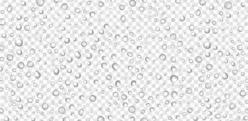 Water drops on transparent background. Condensation clean drop realistic 3d vector illustration. Rain droplets with light reflection on window or glass surface. Pure aqua blobs pattern. - obrazy, fototapety, plakaty