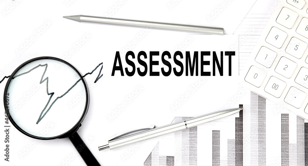 Poster assessment text on document with pen,graph and magnifier,calculator
