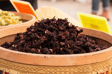 Hibiscus tea close up. Dried tea.
