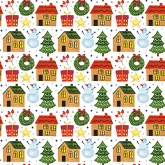 Winter holiday hand drawn seamless pattern, background. Merry Christmas and Happy New Year. House, snowman, christmas tree, wreath, present, herbs, decor, star. Wrapping paper, packaging design.