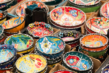 Plates painted with national ornament. Turkish dishes.
