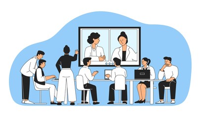 Online office conference. Video technology, company communication with computers. Virtual web training or managers meeting recent vector scene