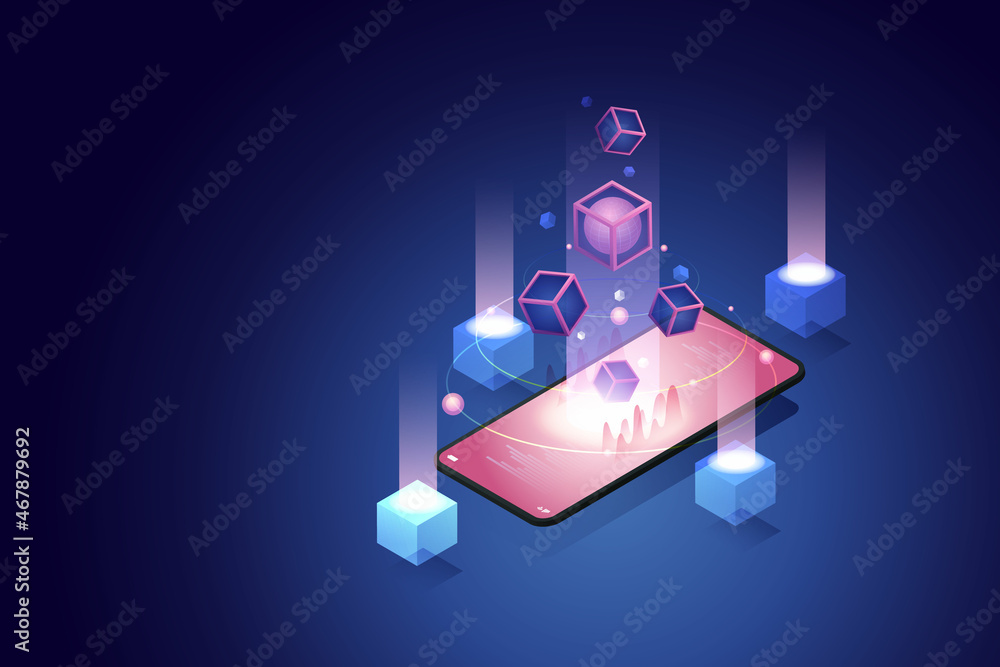 Poster 3d blockchain technology for smartphone.
