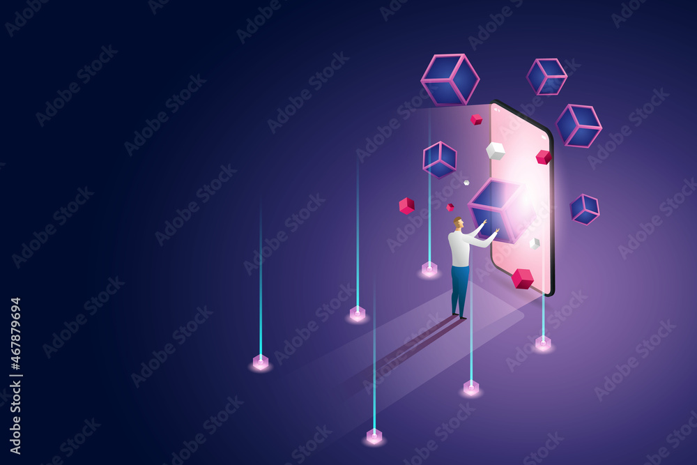 Poster a man stands and experiences blockchain technology for smartphone.