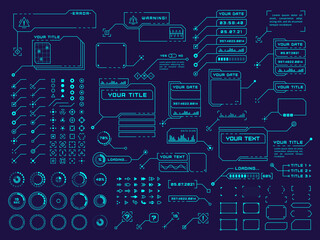 Hud elements. Futuristic technology element, hi tech design. Ui interface digital button, arrows and callout frames tidy vector collection