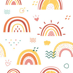 Scandinavian rainbow pattern. Drawing kids wallpaper, nursery element. Baby textile print, cute childish bohemian classy vector seamless texture