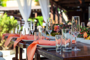 Table served for wedding dinner, close up view. decoration concept for citrus weddings party or social events