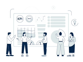 Kpi concept. Data app project, digital analysis of work progress. Dashboard simple solution, teamwork or collaboration. Financial recent vector scene
