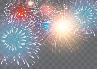 set of isolated vector fireworks on a transparent background.
