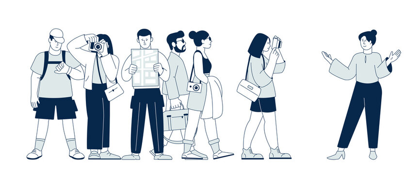 Tour guide. Tourism concept, happy tourists sightseeing city. Isolated touristic group, travel or visit trip. Vacation journey recent vector scene