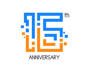 16 years anniversary logo design with digital concept and pixel icon