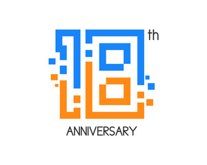 18 years anniversary logo design with digital concept and pixel icon