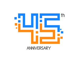 45 years anniversary logo design with digital concept and pixel icon