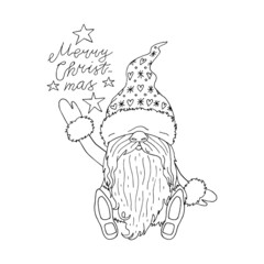 Cute line art cartoon gnome. Christmas character isolated on white background.