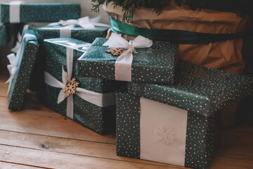 Christmas gifts under the Christmas tree boxes with gifts in green style