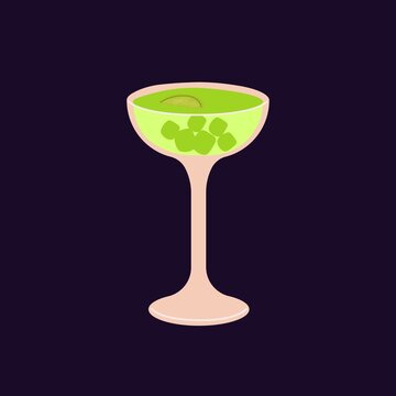 Green alcohol cocktail in high glass. Cold party drink with ice cubes, lime fruit piece and gin. Summer refreshing tropical beverage with citrus juice. Isolated colored flat vector illustration