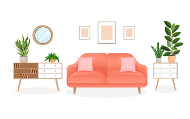 Modern living room interior with furniture and home plants. Design of a cozy room with a sofa, plants and decor items. Vector flat style illustration. lounge room.