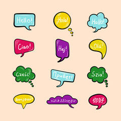 Vector Set of Speech Bubbles with Hello Words, Different Languages, Flat Design Elements Set, Word Frames, Colorful Talk Bubbles and Clouds.