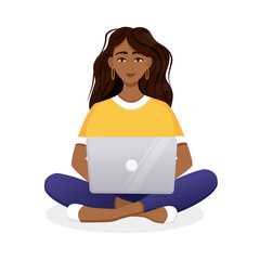 Woman works at the laptop computer. Flat vector illustration of freelance, work at home, work, office, education. Remote work and communication in social networks. Cartoon style.