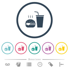 Fast food menu with cheeseburger and drink solid flat color icons in round outlines