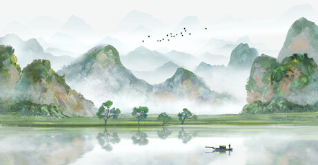 Spring is full of atmosphere and artistic conception, green landscape painting