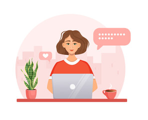 Woman works at the computer. Remote work, freelance, home office, programming, education. Communication on the Internet, online meetings. Vector illustration.