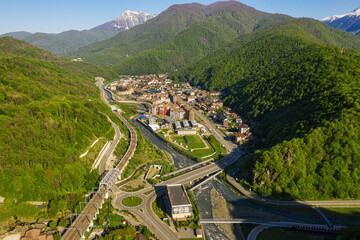 Naklejka premium North Caucasus. Ski resort Estosadok. Aerial view.