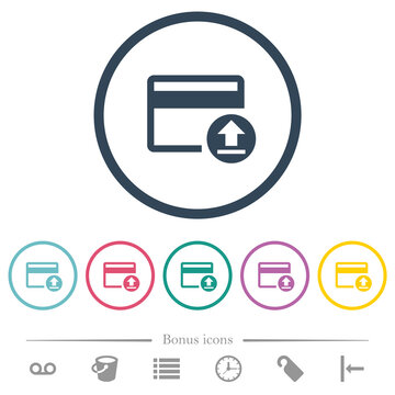 Credit card money deposit flat color icons in round outlines