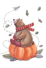 a brown bear in a scarf sits on a pumpkin and holds a mug. Watercolor illustration for postcards.