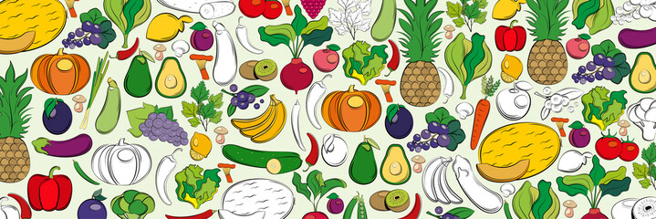 Vector background with vegetables and fruits on a light background. Line art style.