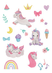Fototapeta premium set of watercolor elements: unicorns, rainbow, flowers, moon, crown, etc. For any children's decor, postcards, tattoos, etc.