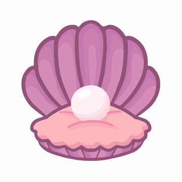 Pearl in shell. Cartoon style. Vector isolated on white background.